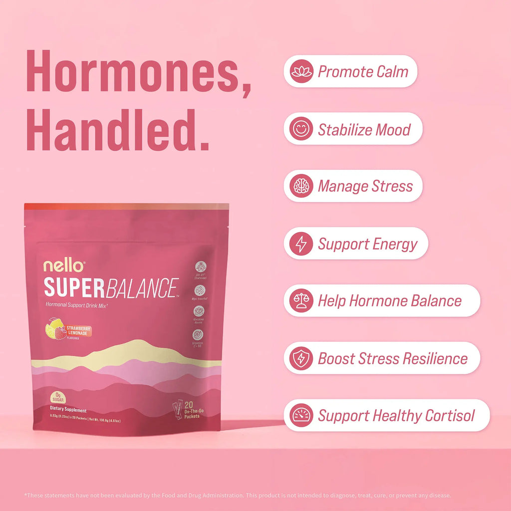 Nello Superbalance Hormonal Support Drink Mix, 20 Travel Packets, SRI-81 Shatavari, Myo-Inositol, Rhodiola Rosea, Vitamin C, Magnesium, Theobromine, Vitamin B6/C